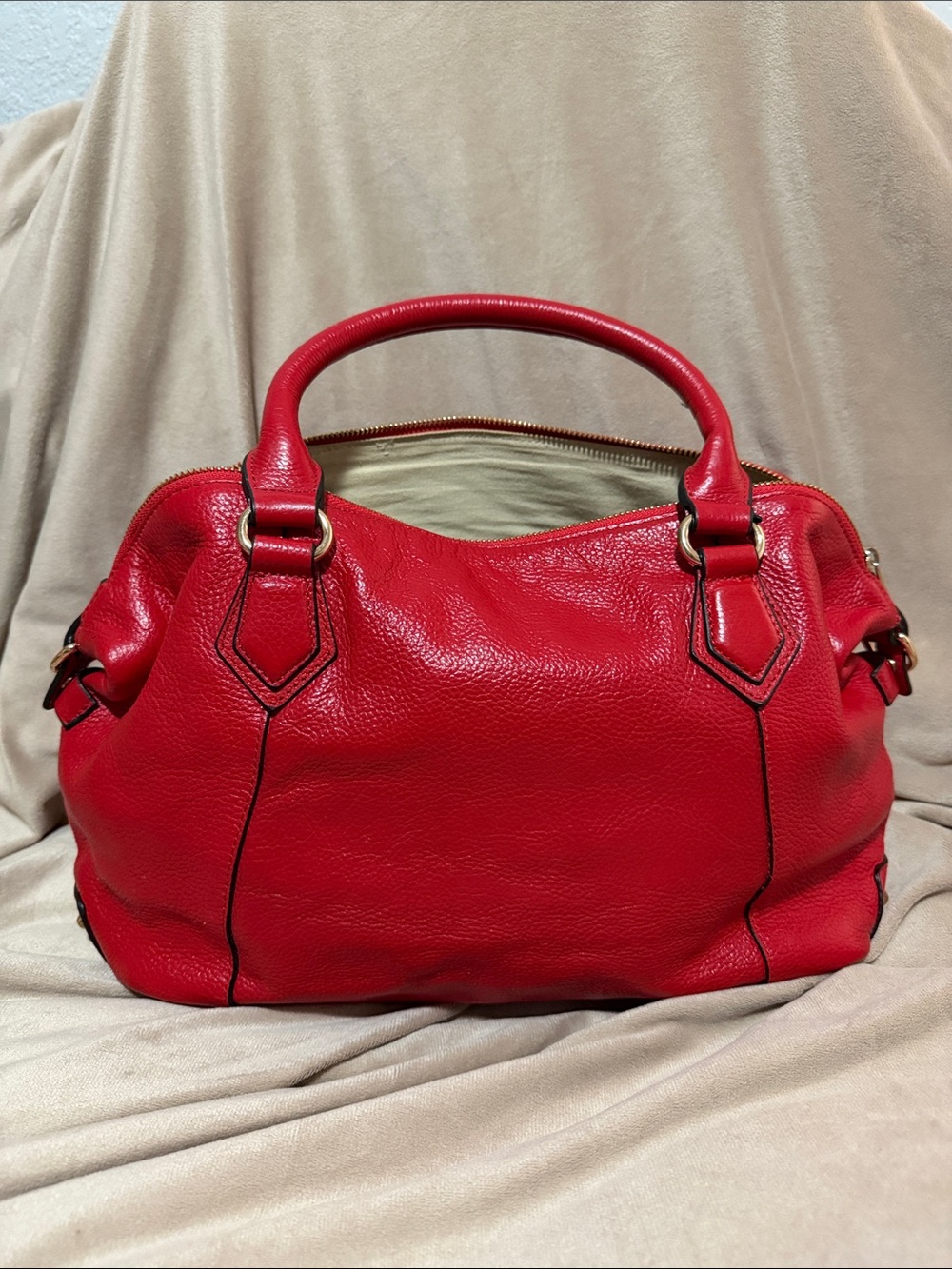 Ora Delphine Red Pebble Leather Satchel with Gold-Tone Hardware